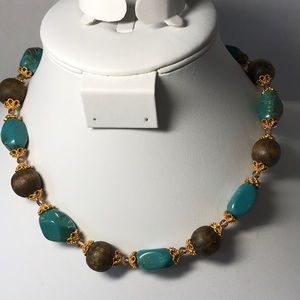 Brown and blue necklace, beaded, gold tone